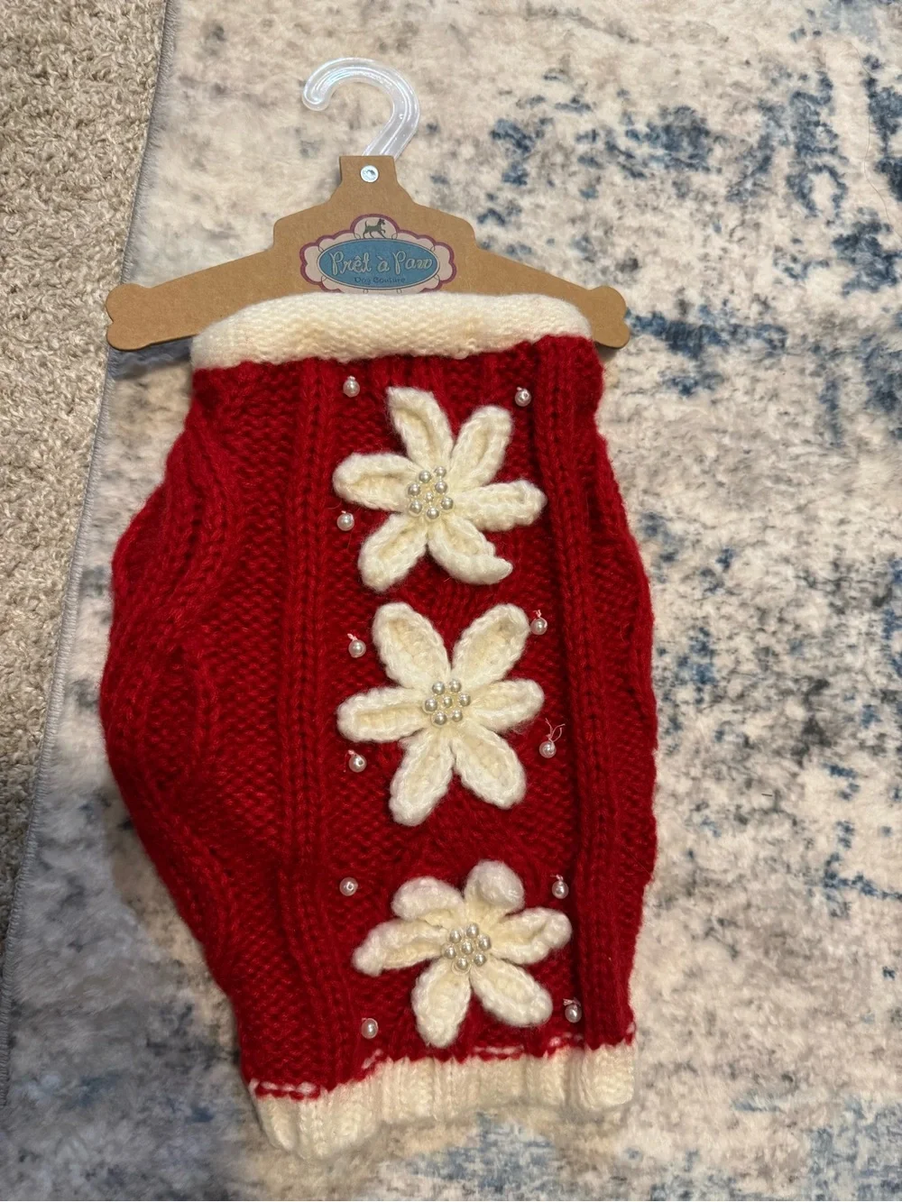 Red & White Knit Dog Sweater with Floral Appliqués